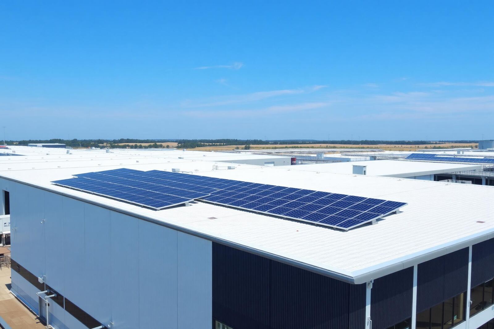 Aerial view of a commercial solar installation on a large industrial rooftop